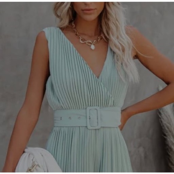On Twelfth Women's Sage Green Deep V Neck Pleated Wide Leg Belt Jumpsuit - Picture 2 of 7